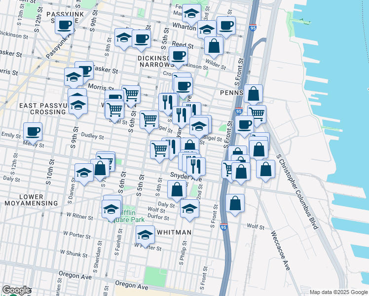 map of restaurants, bars, coffee shops, grocery stores, and more near 1923 South Galloway Street in Philadelphia