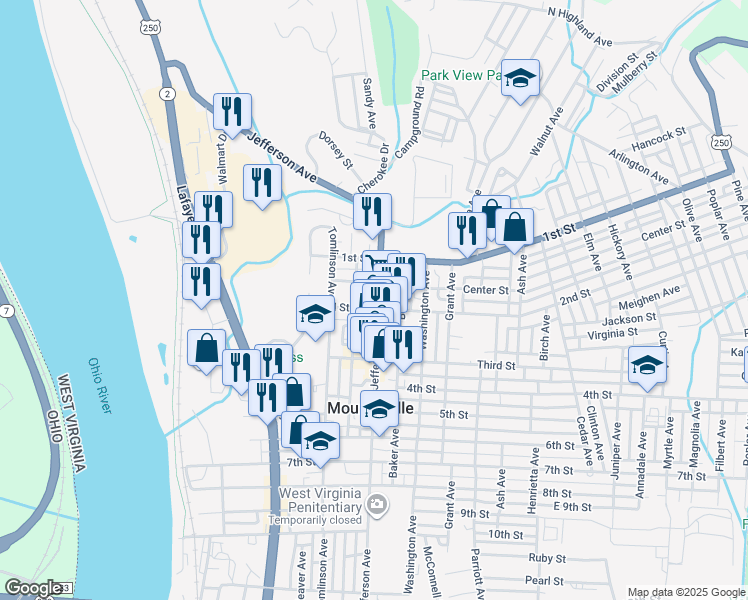 map of restaurants, bars, coffee shops, grocery stores, and more near 120 Morton Avenue in Moundsville