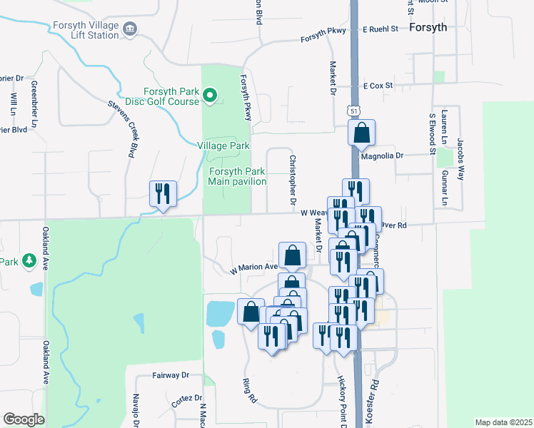 map of restaurants, bars, coffee shops, grocery stores, and more near 701 Christopher Drive in Forsyth
