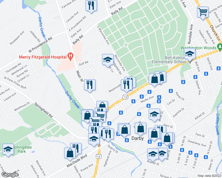 map of restaurants, bars, coffee shops, grocery stores, and more near 119 Weymouth Road in Darby