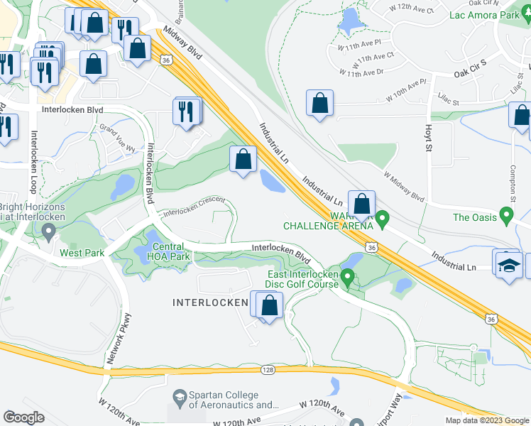 map of restaurants, bars, coffee shops, grocery stores, and more near 380 Interlocken Crescent in Broomfield