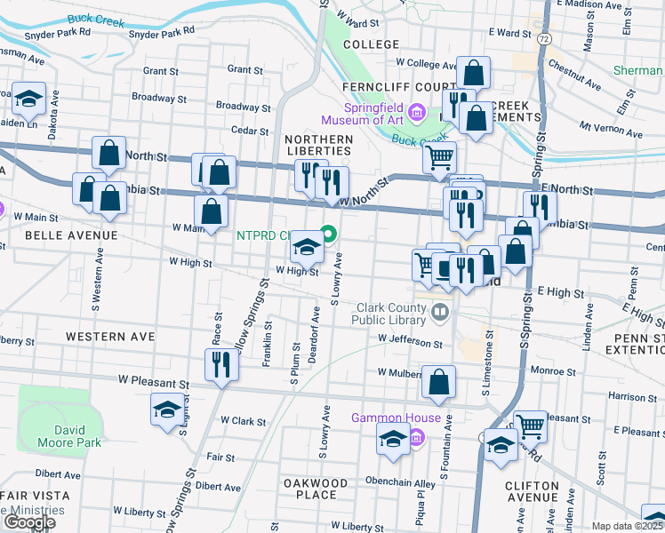 map of restaurants, bars, coffee shops, grocery stores, and more near 27 South Lowry Avenue in Springfield