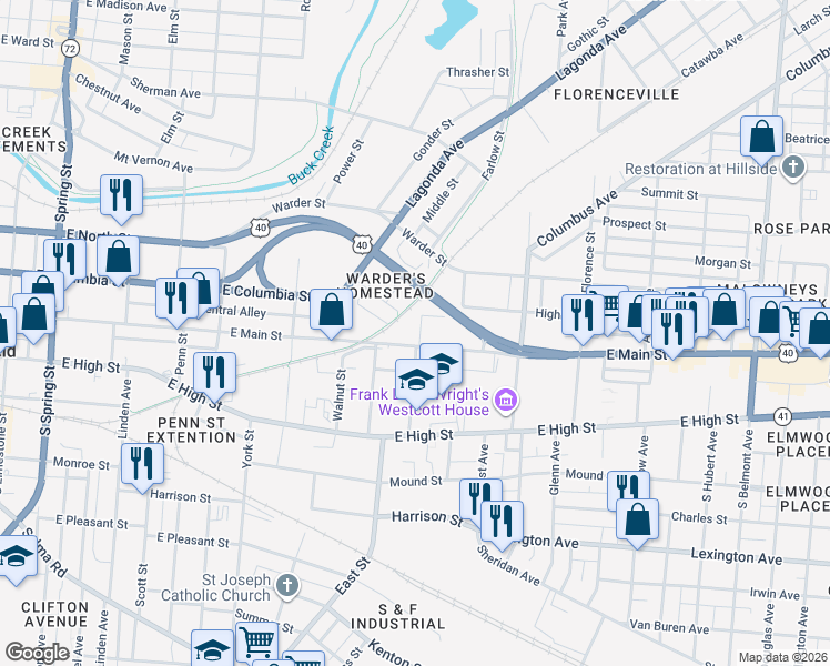 map of restaurants, bars, coffee shops, grocery stores, and more near 5 North Freeman Street in Springfield