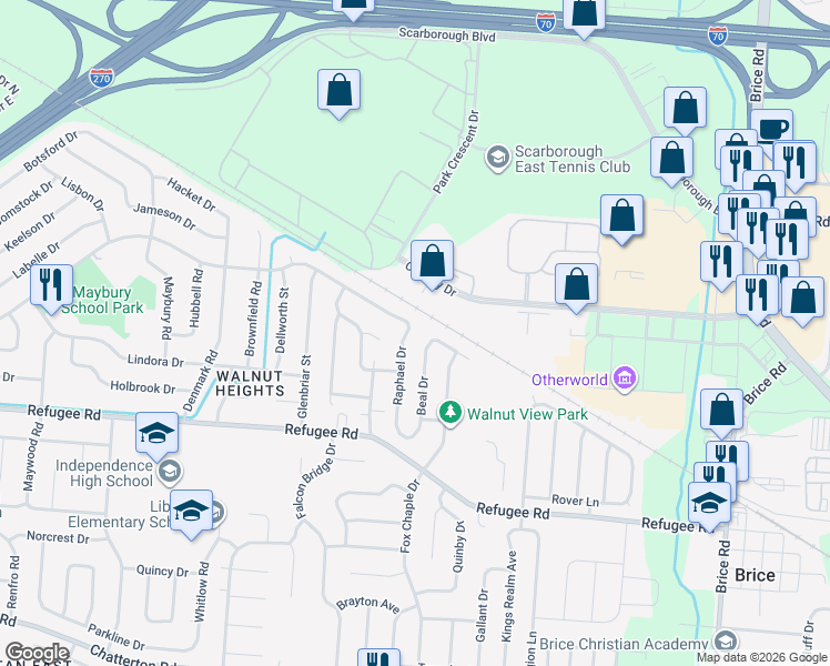 map of restaurants, bars, coffee shops, grocery stores, and more near 5474 Cary Lane in Columbus