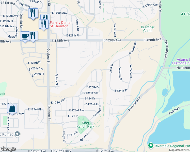 map of restaurants, bars, coffee shops, grocery stores, and more near 12565 Trenton Street in Thornton