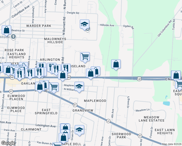 map of restaurants, bars, coffee shops, grocery stores, and more near 101 North Fostoria Avenue in Springfield