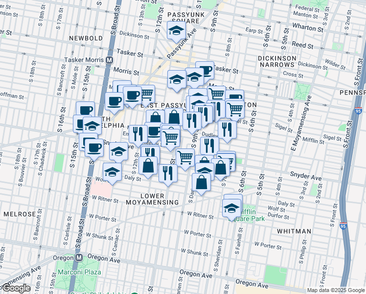 map of restaurants, bars, coffee shops, grocery stores, and more near in Philadelphia