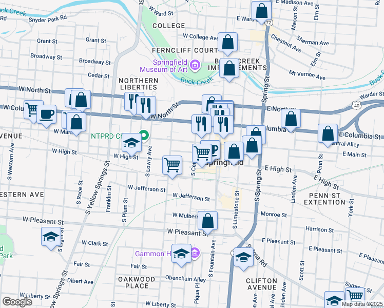 map of restaurants, bars, coffee shops, grocery stores, and more near 23 S Center St in Springfield