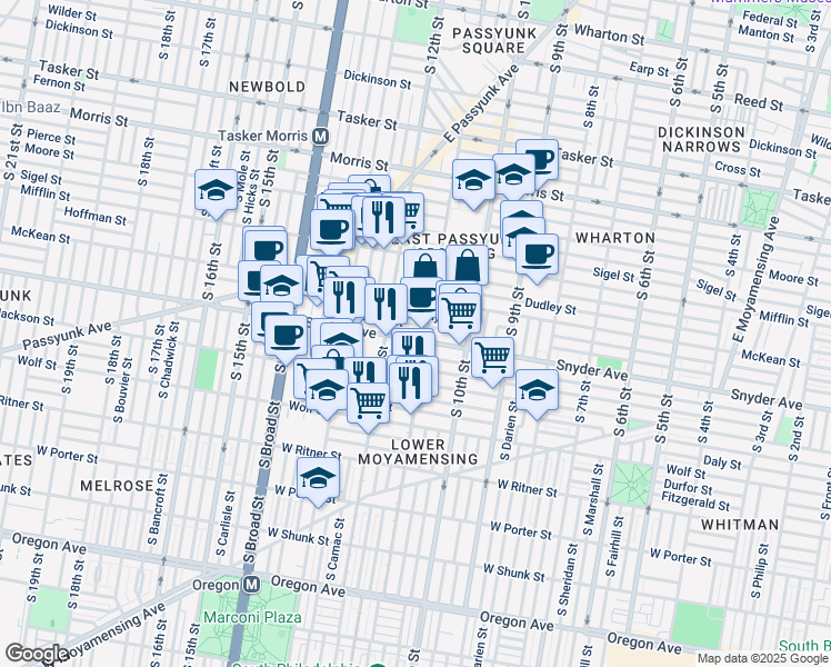 map of restaurants, bars, coffee shops, grocery stores, and more near 1119 Snyder Avenue in Philadelphia