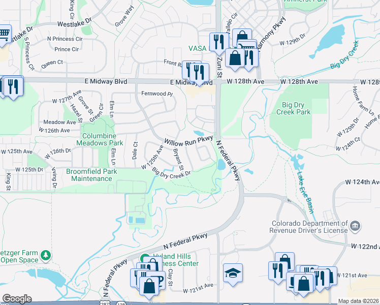 map of restaurants, bars, coffee shops, grocery stores, and more near 12540 Beach Street in Broomfield