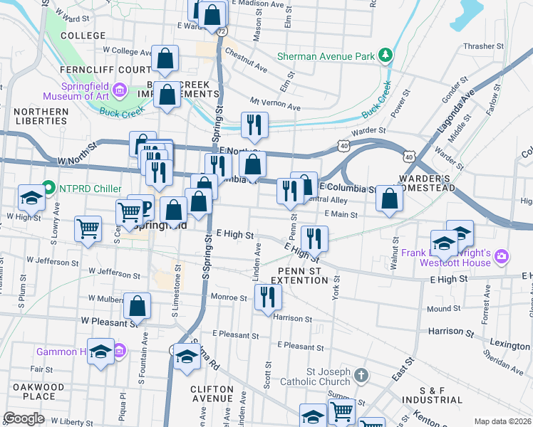 map of restaurants, bars, coffee shops, grocery stores, and more near 411 East Main Street in Springfield