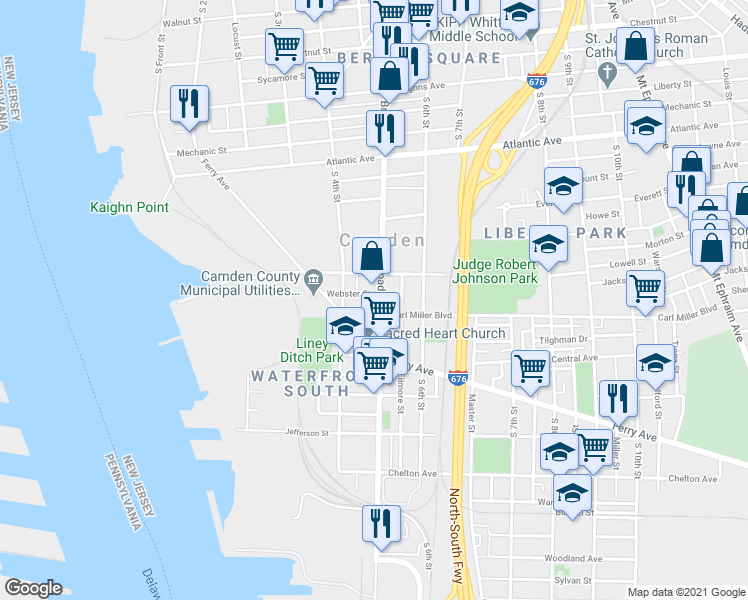 map of restaurants, bars, coffee shops, grocery stores, and more near 1631 Broadway in Camden
