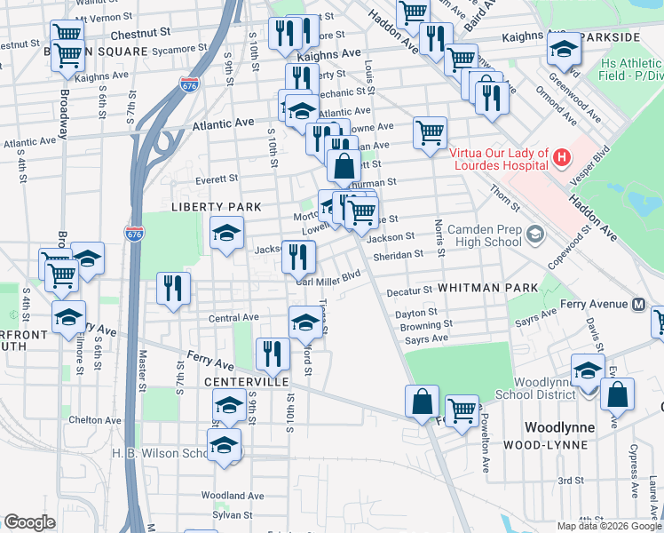 map of restaurants, bars, coffee shops, grocery stores, and more near 1633 Pulaski Street in Camden