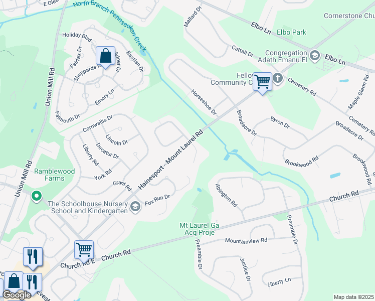 map of restaurants, bars, coffee shops, grocery stores, and more near 1 Wilderness Run Court in Mount Laurel Township