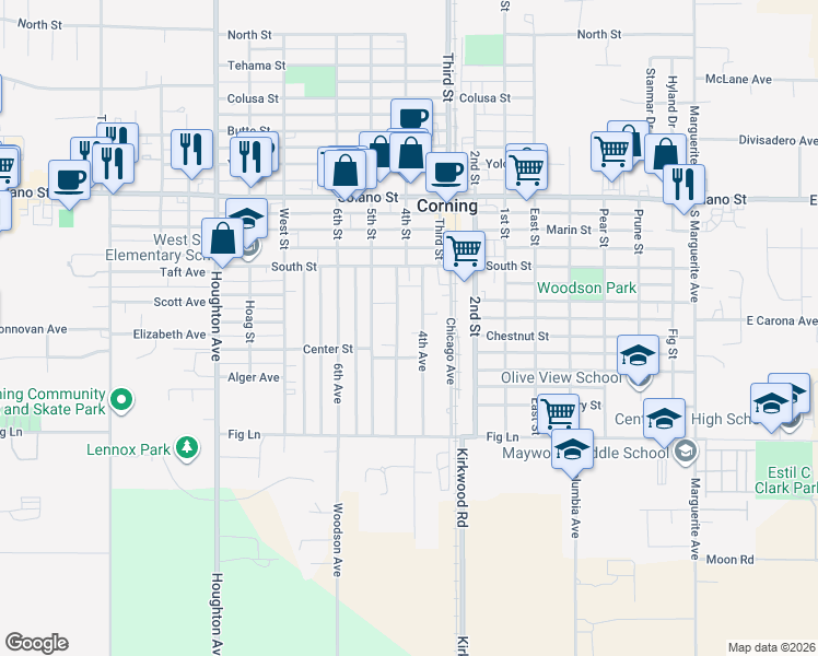 map of restaurants, bars, coffee shops, grocery stores, and more near 1212 4th Avenue in Corning