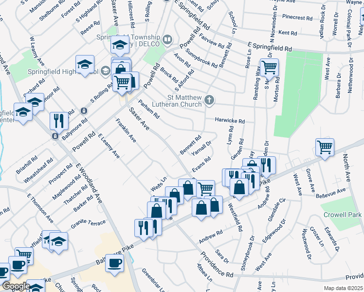 map of restaurants, bars, coffee shops, grocery stores, and more near 374 Bennett Road in Springfield