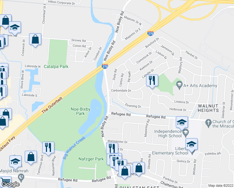 map of restaurants, bars, coffee shops, grocery stores, and more near 2579 Lipton Road in Columbus