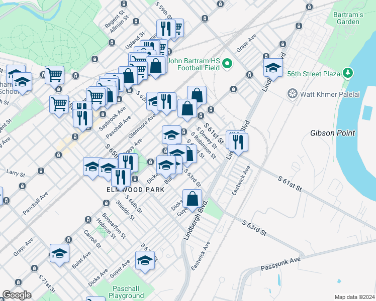 map of restaurants, bars, coffee shops, grocery stores, and more near 6212 Dickens Avenue in Philadelphia