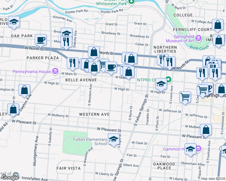 map of restaurants, bars, coffee shops, grocery stores, and more near 737 West High Street in Springfield