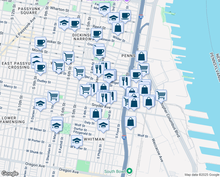 map of restaurants, bars, coffee shops, grocery stores, and more near 1911 South 3rd Street in Philadelphia