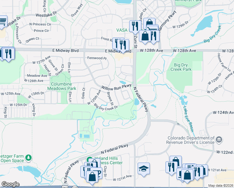 map of restaurants, bars, coffee shops, grocery stores, and more near 12540 Beach Street in Broomfield