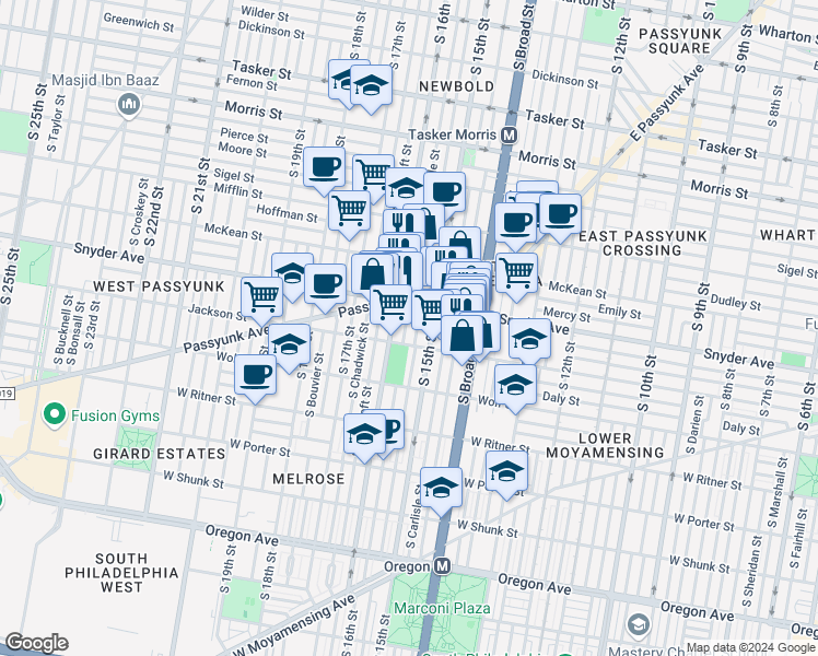map of restaurants, bars, coffee shops, grocery stores, and more near 2131 S Mole St in Philadelphia