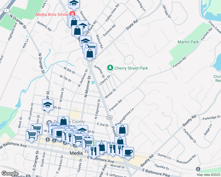 map of restaurants, bars, coffee shops, grocery stores, and more near 605 Summer Street in Media