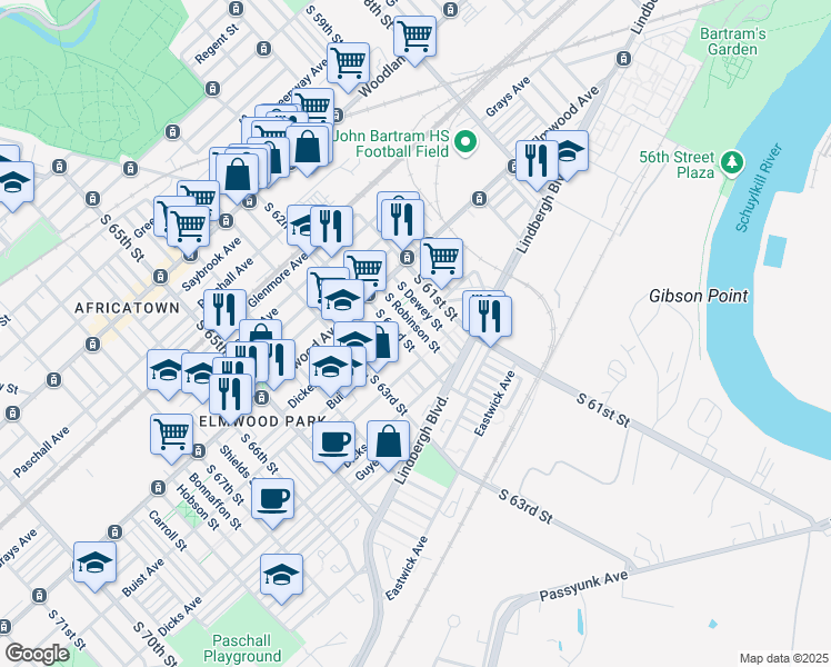 map of restaurants, bars, coffee shops, grocery stores, and more near 2561 South 62nd Street in Philadelphia