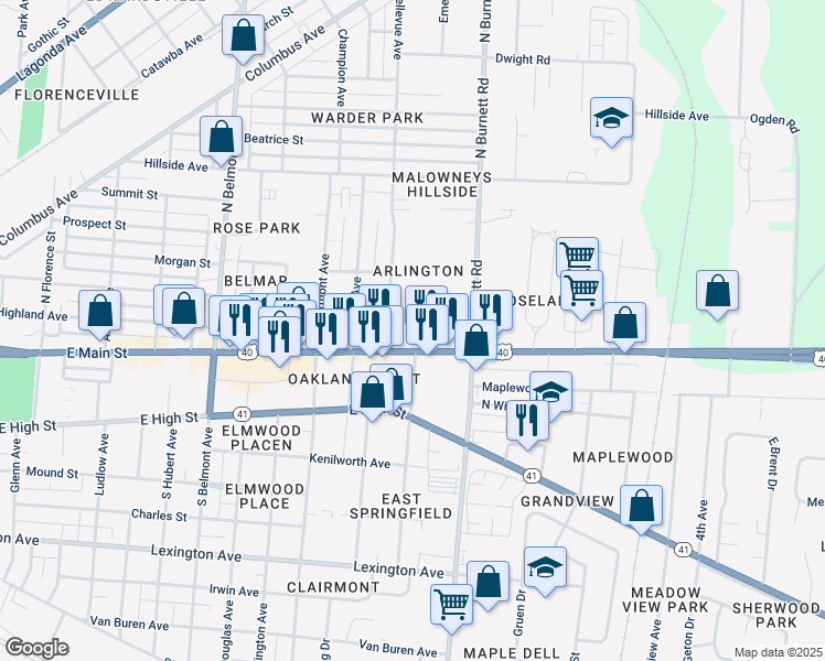 map of restaurants, bars, coffee shops, grocery stores, and more near 2420 East Main Street in Springfield