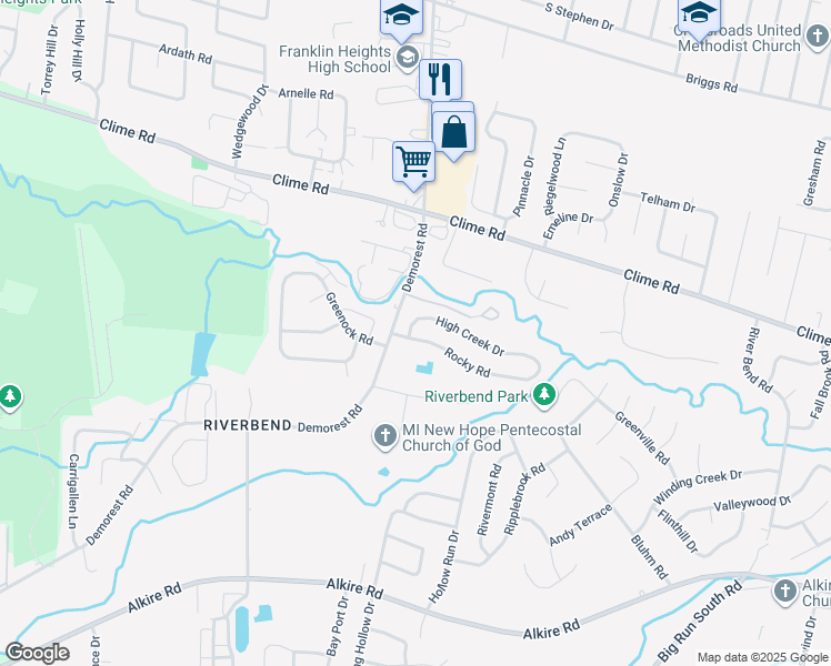 map of restaurants, bars, coffee shops, grocery stores, and more near 3616 Rocky Road in Columbus