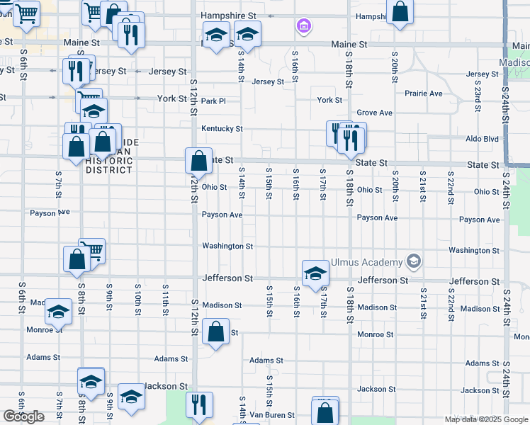 map of restaurants, bars, coffee shops, grocery stores, and more near 636 South 15th Street in Quincy