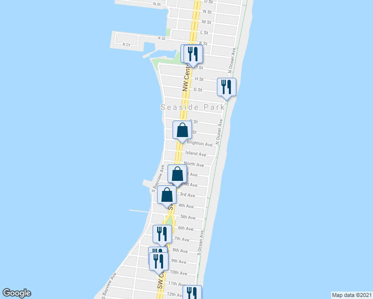 map of restaurants, bars, coffee shops, grocery stores, and more near 56 Island Avenue in Seaside Park