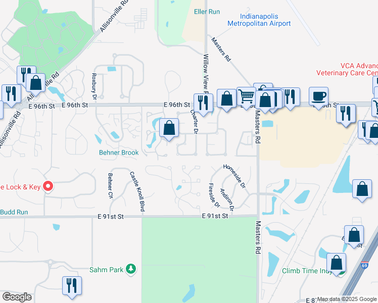 map of restaurants, bars, coffee shops, grocery stores, and more near 6614 Discovery Drive West in Indianapolis