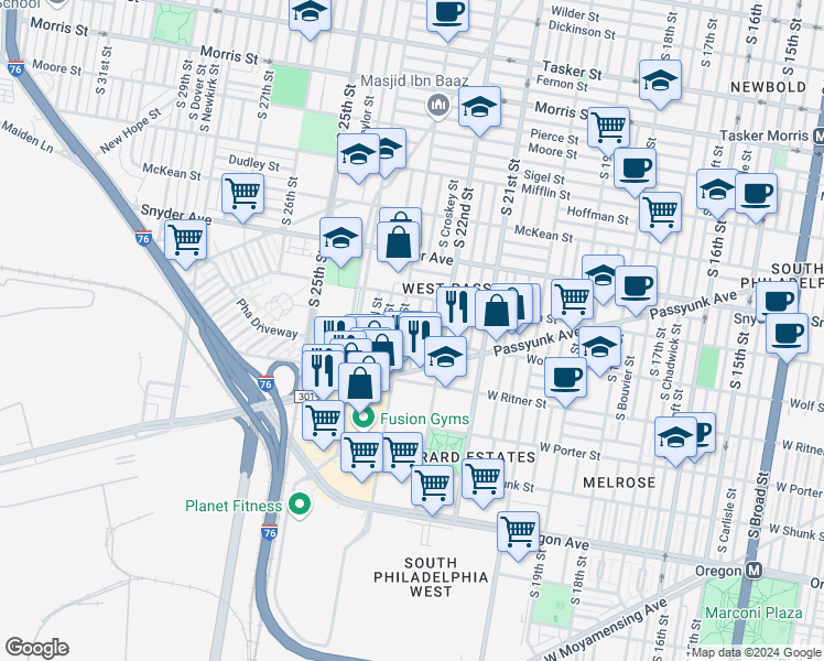 map of restaurants, bars, coffee shops, grocery stores, and more near 2246 South Hemberger Street in Philadelphia