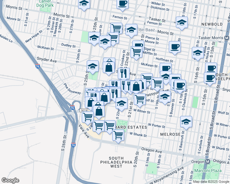 map of restaurants, bars, coffee shops, grocery stores, and more near 2245 South Hemberger Street in Philadelphia