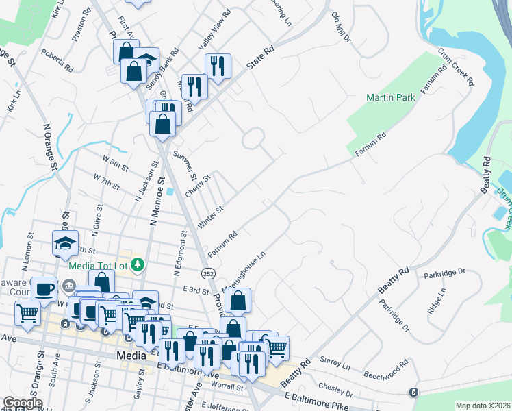 map of restaurants, bars, coffee shops, grocery stores, and more near 480 Farnum Road in Media