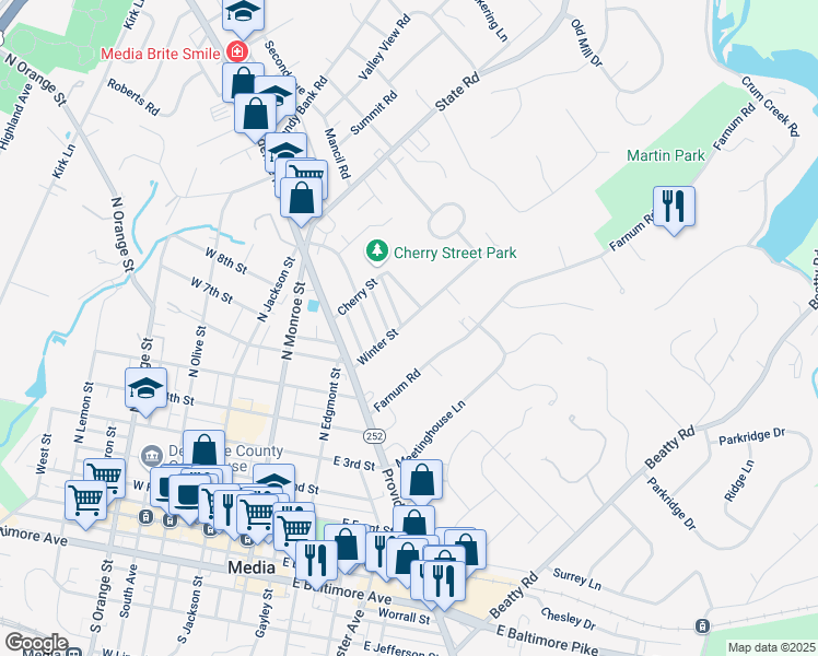 map of restaurants, bars, coffee shops, grocery stores, and more near 103 Winter Street in Media
