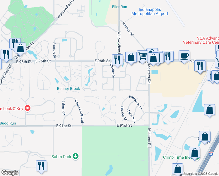 map of restaurants, bars, coffee shops, grocery stores, and more near 6614 Discovery Drive West in Indianapolis