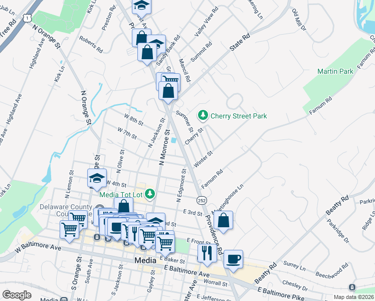 map of restaurants, bars, coffee shops, grocery stores, and more near 639 North Providence Road in Media