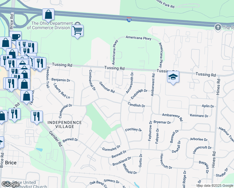 map of restaurants, bars, coffee shops, grocery stores, and more near 6887 Gemstar Road in Reynoldsburg