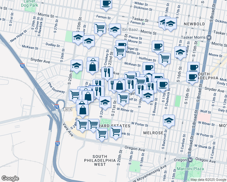 map of restaurants, bars, coffee shops, grocery stores, and more near 2231 South Norwood Street in Philadelphia