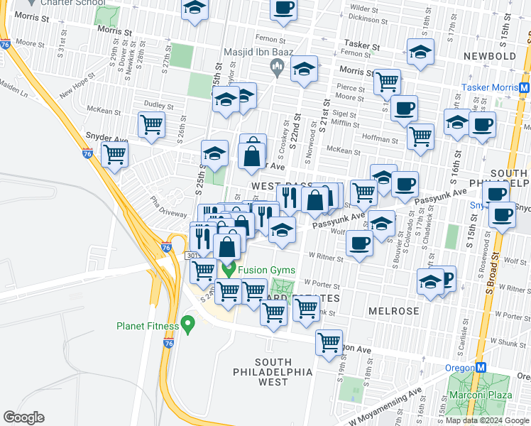 map of restaurants, bars, coffee shops, grocery stores, and more near 2245 South Hemberger Street in Philadelphia