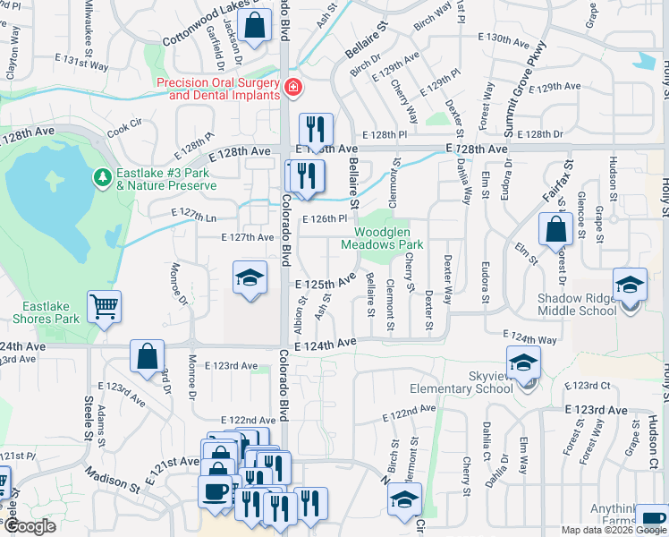 map of restaurants, bars, coffee shops, grocery stores, and more near 12527 Ash Street in Thornton
