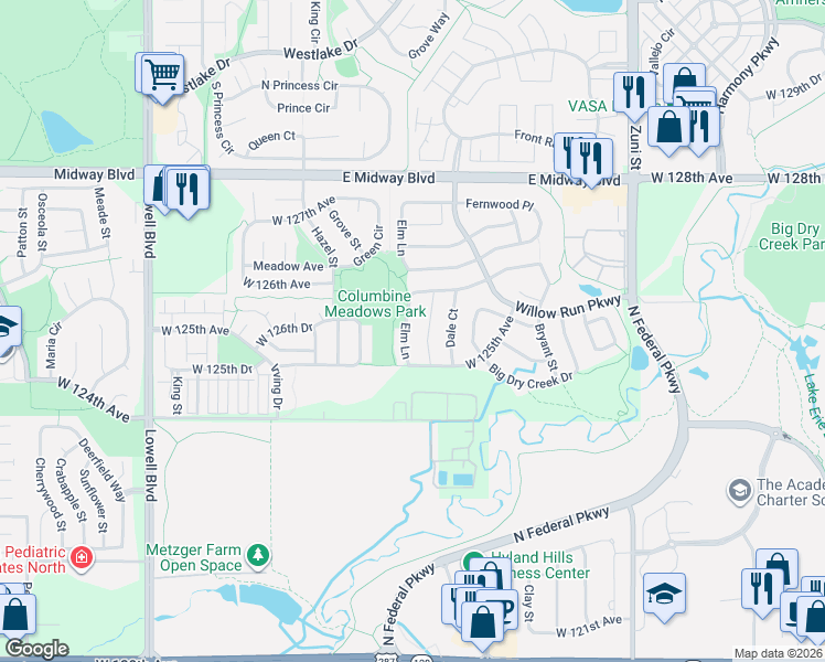 map of restaurants, bars, coffee shops, grocery stores, and more near 12554 Elm Lane in Broomfield