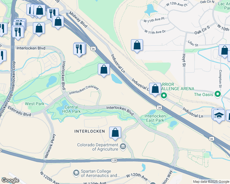 map of restaurants, bars, coffee shops, grocery stores, and more near 380 Interlocken Crescent in Broomfield