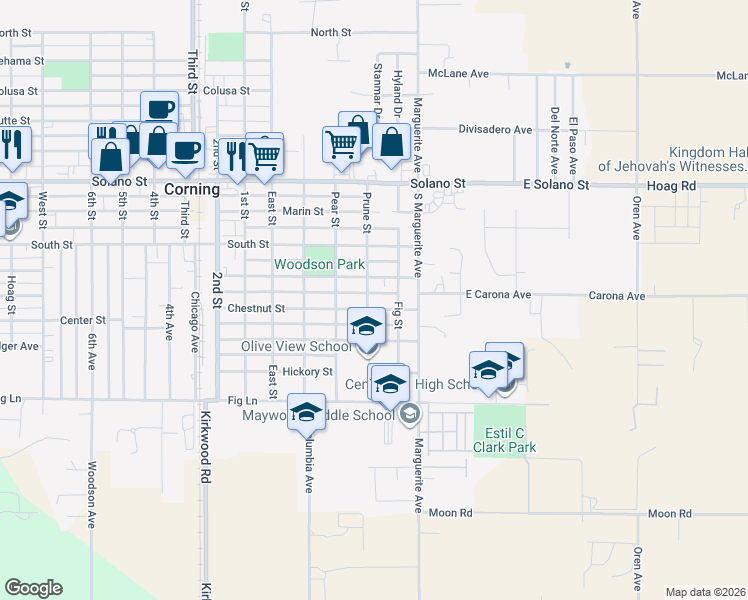 map of restaurants, bars, coffee shops, grocery stores, and more near 508 Chestnut Street in Corning