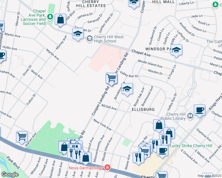 map of restaurants, bars, coffee shops, grocery stores, and more near 316 Cooper Landing Road in Cherry Hill