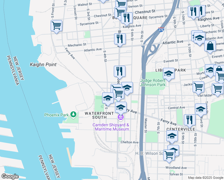 map of restaurants, bars, coffee shops, grocery stores, and more near 1631 Broadway in Camden