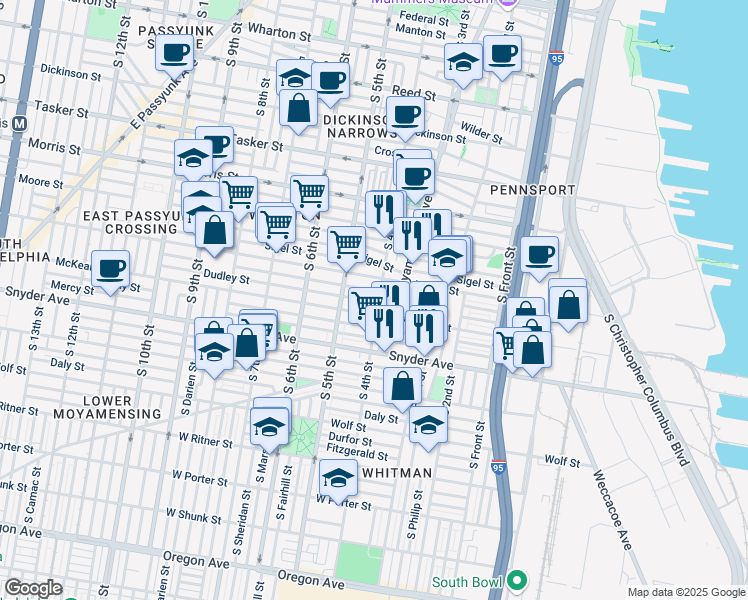 map of restaurants, bars, coffee shops, grocery stores, and more near 308 Mifflin Street in Philadelphia