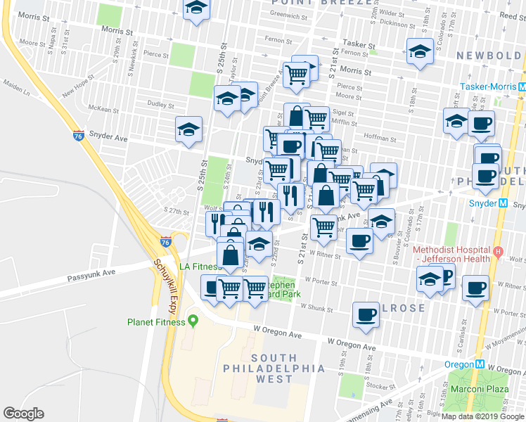 map of restaurants, bars, coffee shops, grocery stores, and more near in Philadelphia